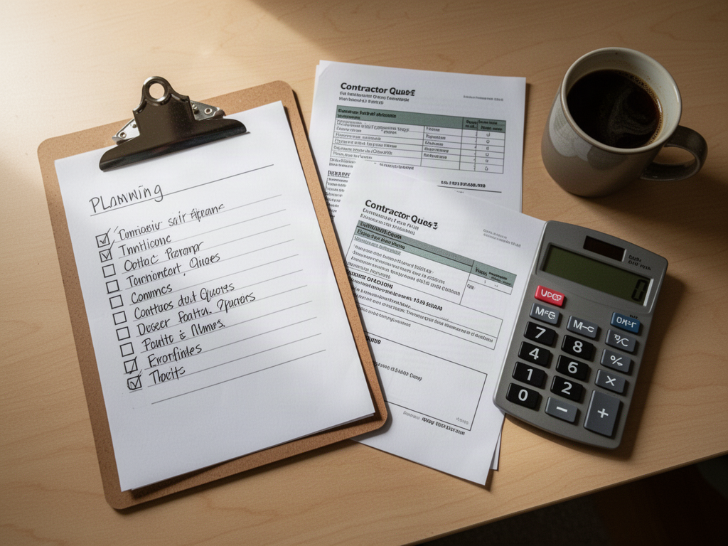 A homeowner's planning desk with a clipboard checklist, contractor quotes, and a calculator