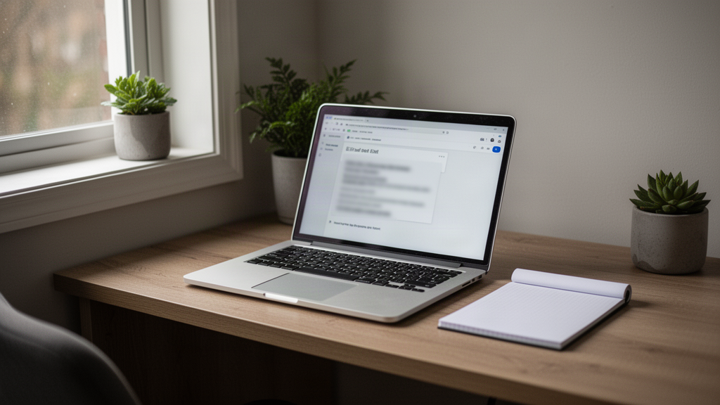 A tidy home office nook with a laptop open to an email draft