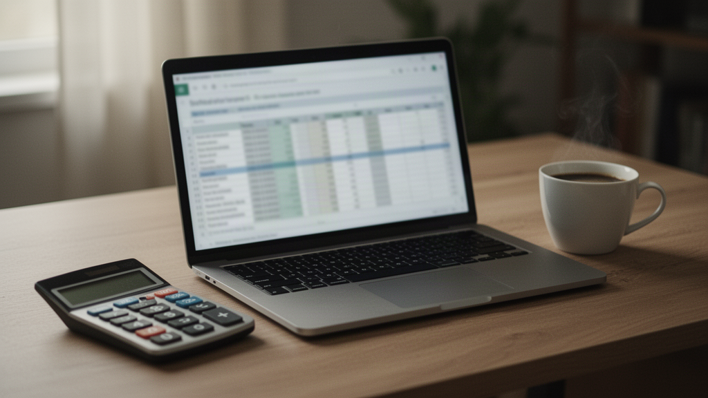 A calm home-office desk with a laptop, calculator, and coffee