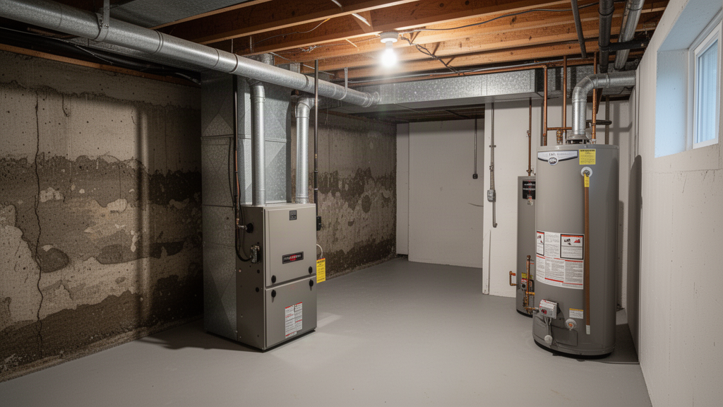A basement or utility room with visible foundation wall, HVAC unit, and water heater
