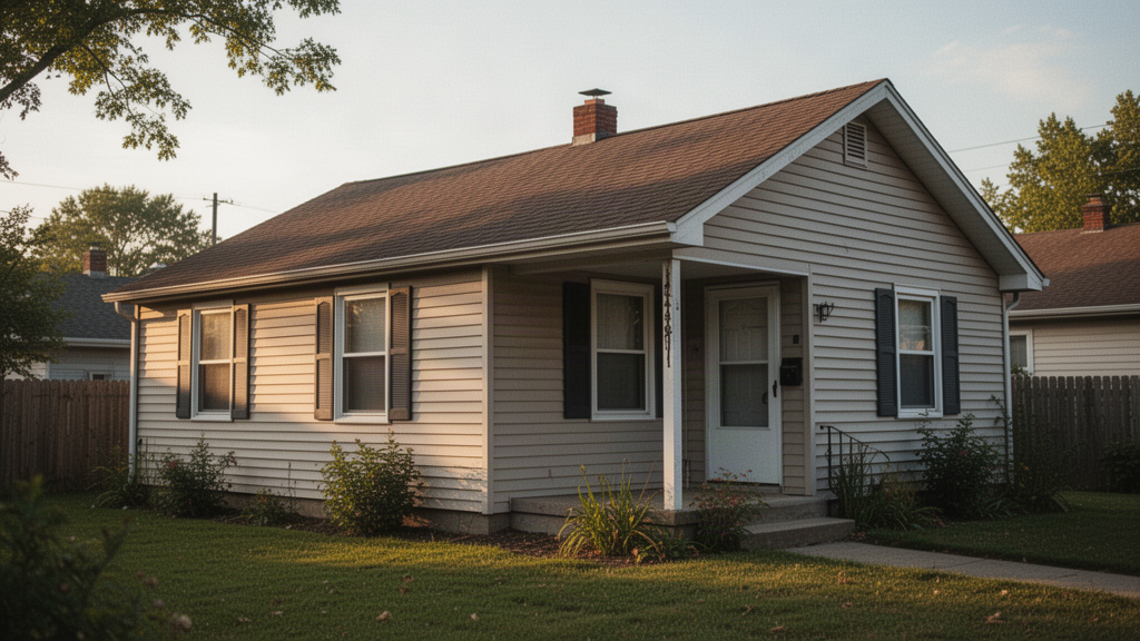 A modest, well-kept single-family home exterior in late-afternoon light