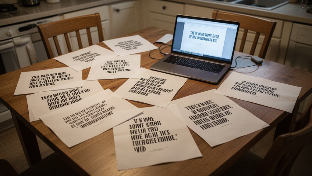 A kitchen table covered in spread-out printed quotes and a laptop
