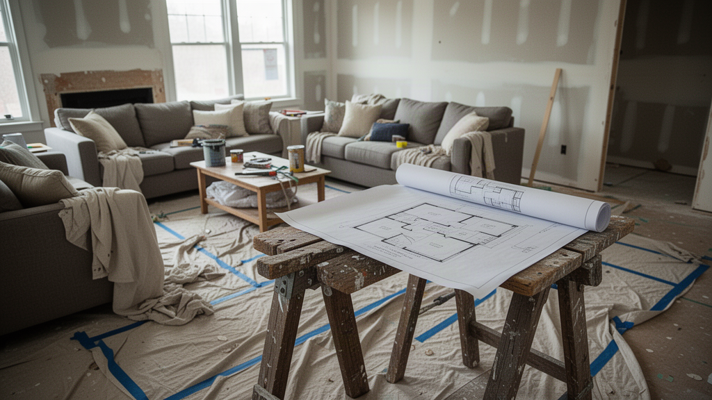 A living room mid-renovation with painter's tape, drop cloths, and a rolled-up floor plan