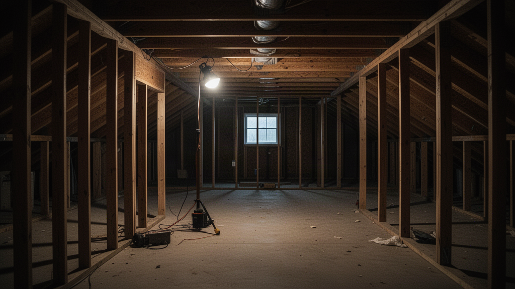 A dim shot of an unfinished basement space with visible framing, lit by a single work light