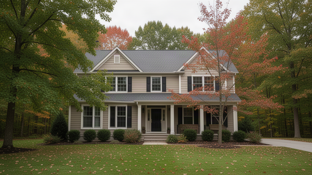 A house exterior in early autumn with a mix of green and turning leaves