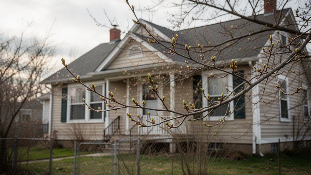 A house exterior in early spring with bare branches and new buds