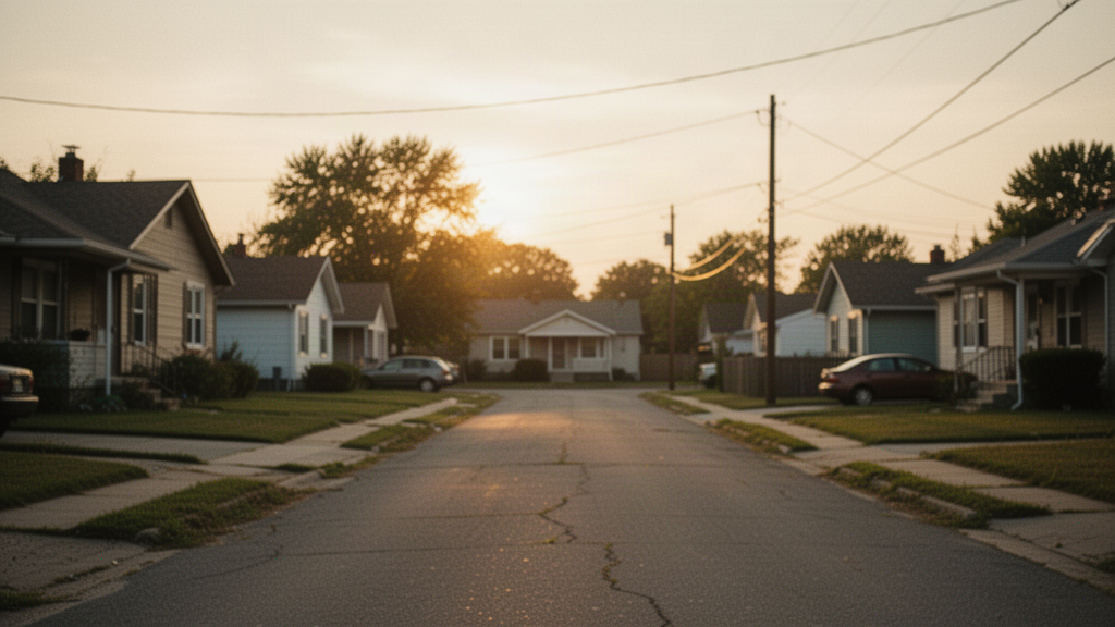 A modest suburban street at golden hour
