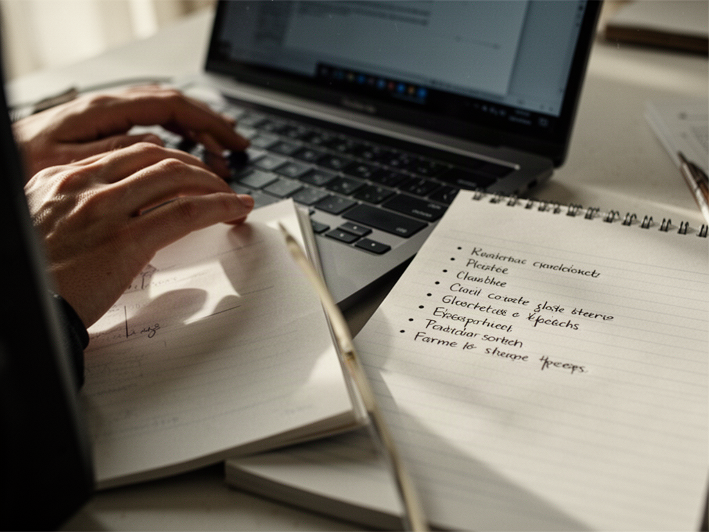 A hand typing on a laptop keyboard next to a notepad with a short bullet list