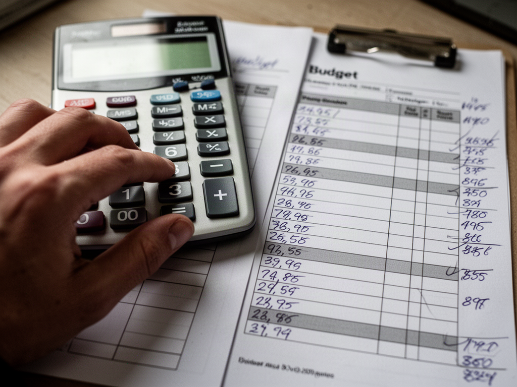 A hand using a calculator next to a printed budget worksheet with handwritten numbers