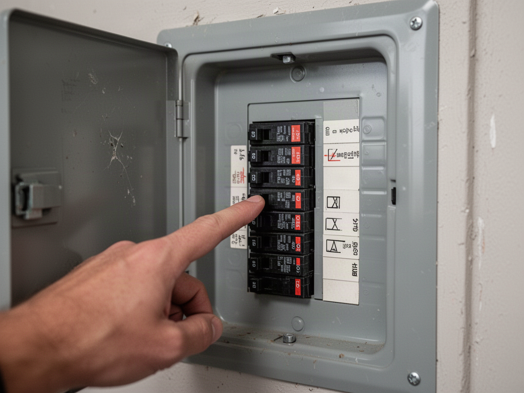 An open electrical panel door with a hand pointing at a labeled breaker
