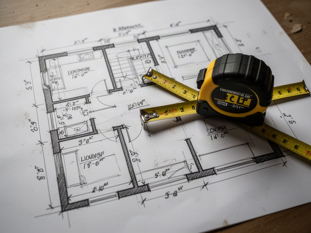 An overhead shot of a hand-drawn floor plan sketch with measurements and a tape measure