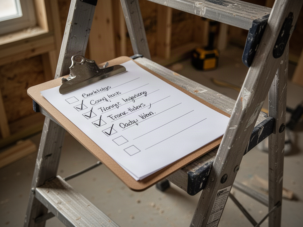 A clipboard checklist with several boxes checked and a few left blank, resting on a stepladder