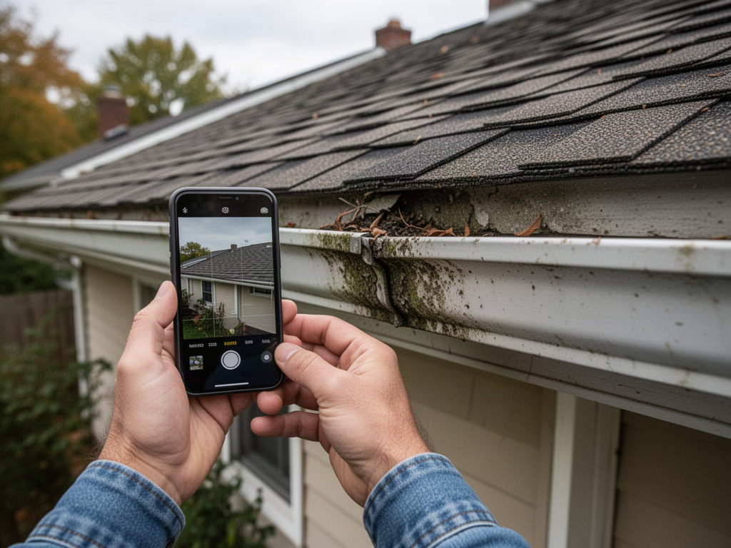 A homeowner photographing a roofline corner with a phone