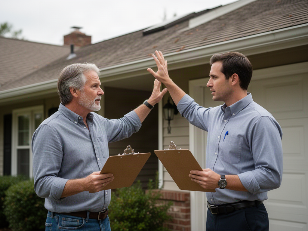 A homeowner and an unbranded professional standing outside a home, gesturing toward the roofline