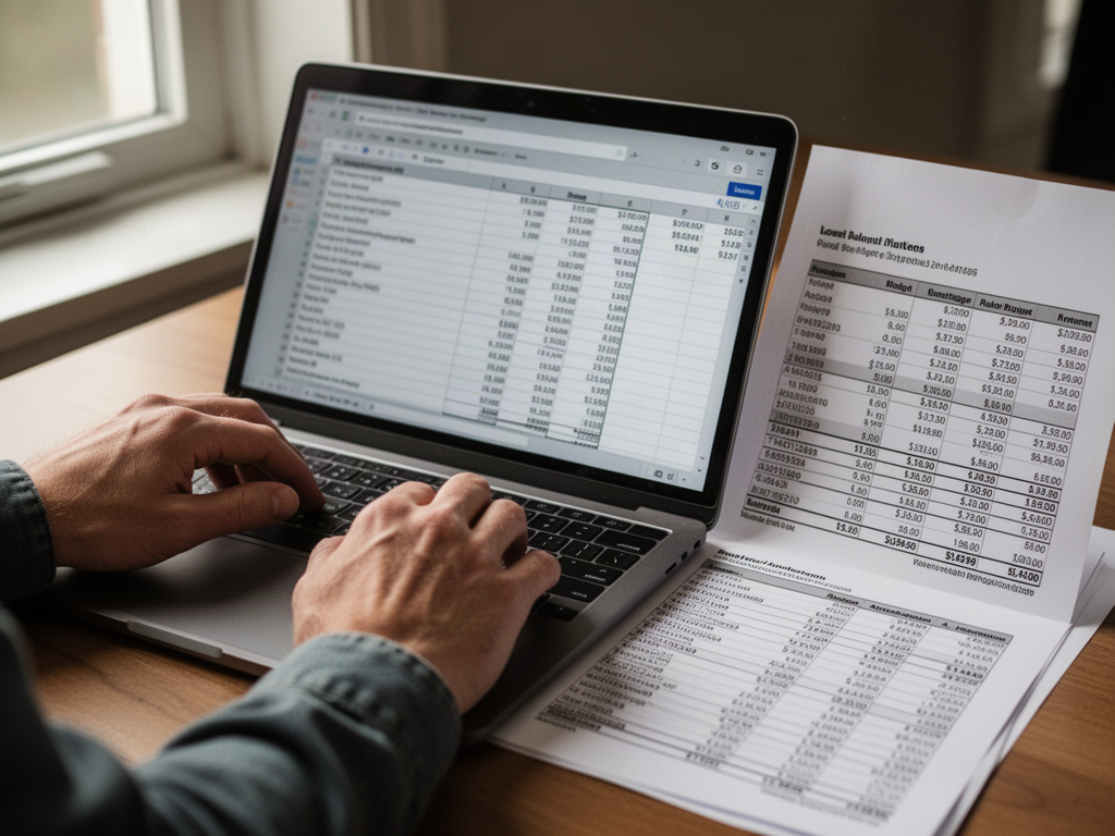 Hands reviewing a loan and budget spreadsheet on a laptop next to a printed amortization table