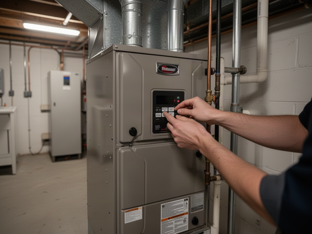 A furnace unit in a clean utility room with a hand checking a panel