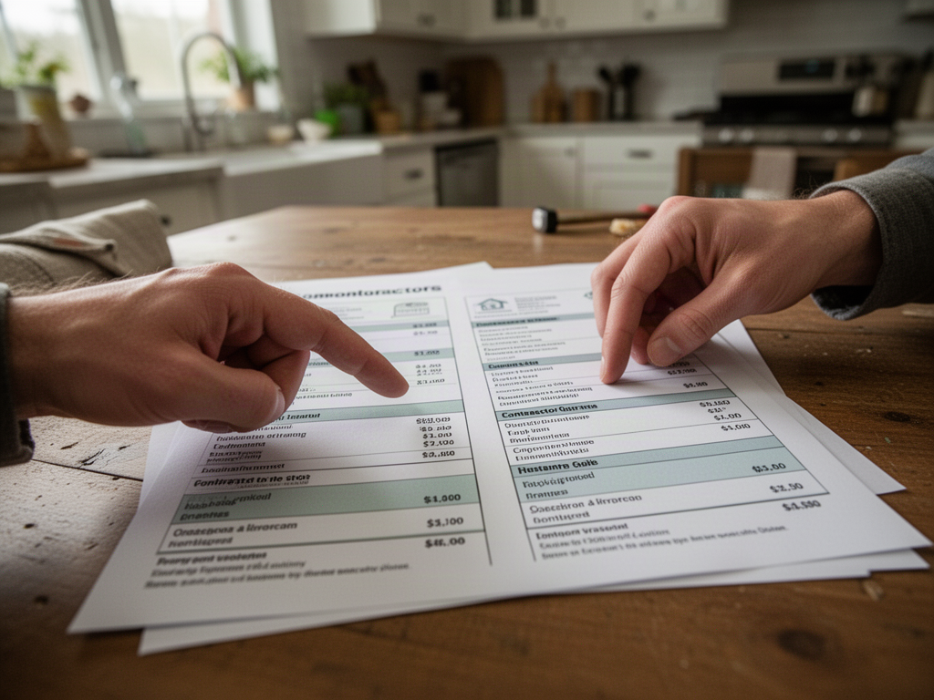A hand pointing at a printed comparison sheet of contractor quotes on a kitchen table