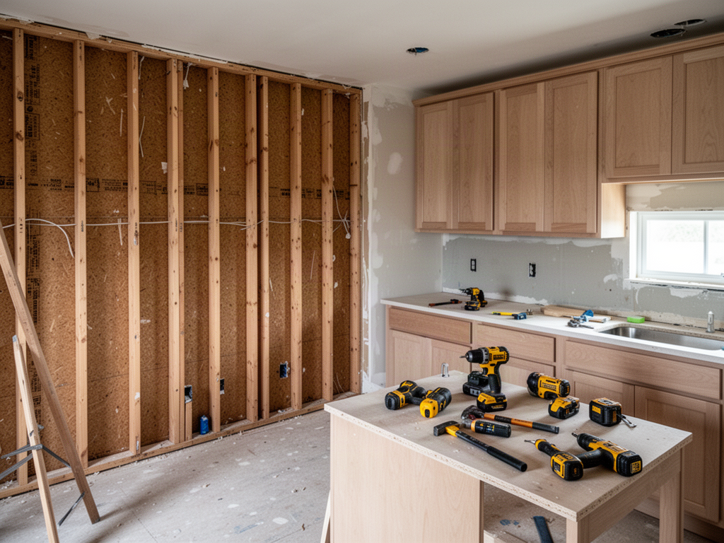 A partially renovated kitchen with exposed studs on one wall and finished cabinetry on another