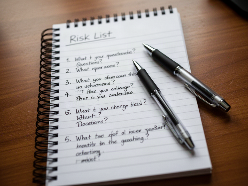 A notepad with a handwritten numbered list of questions, shot from above