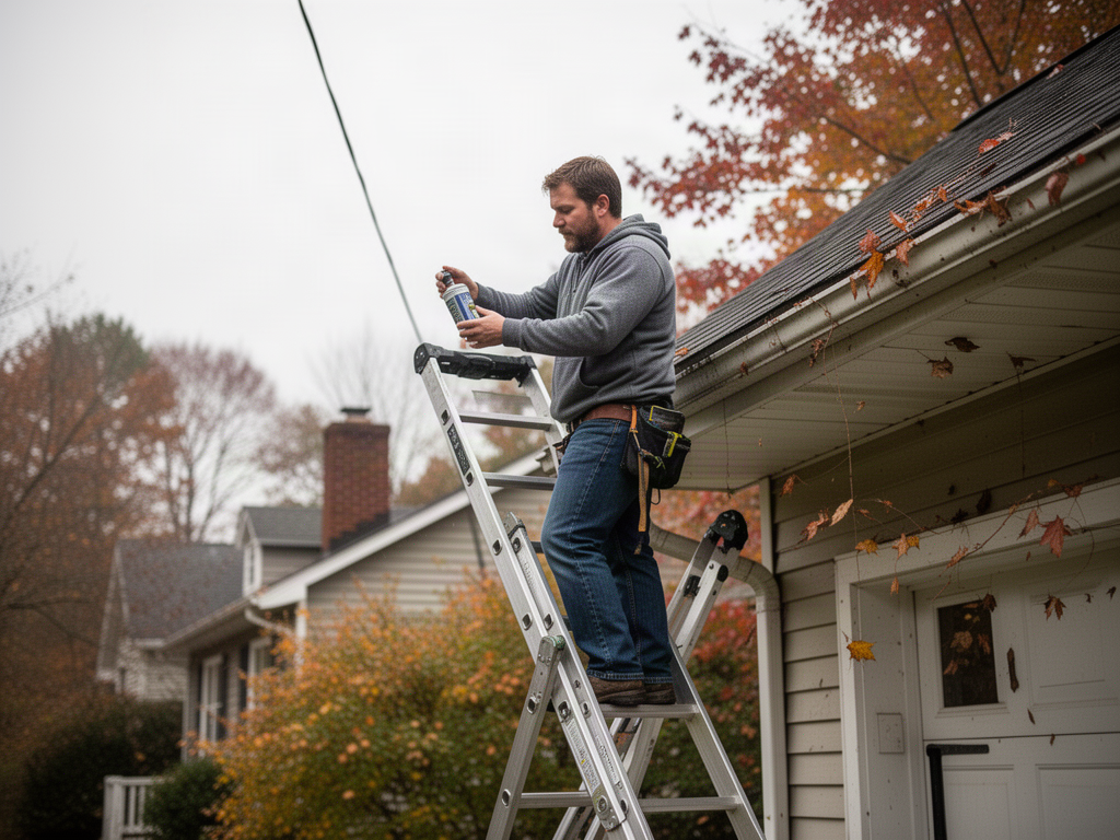 A homeowner on a ladder inspecting a gutter in fall